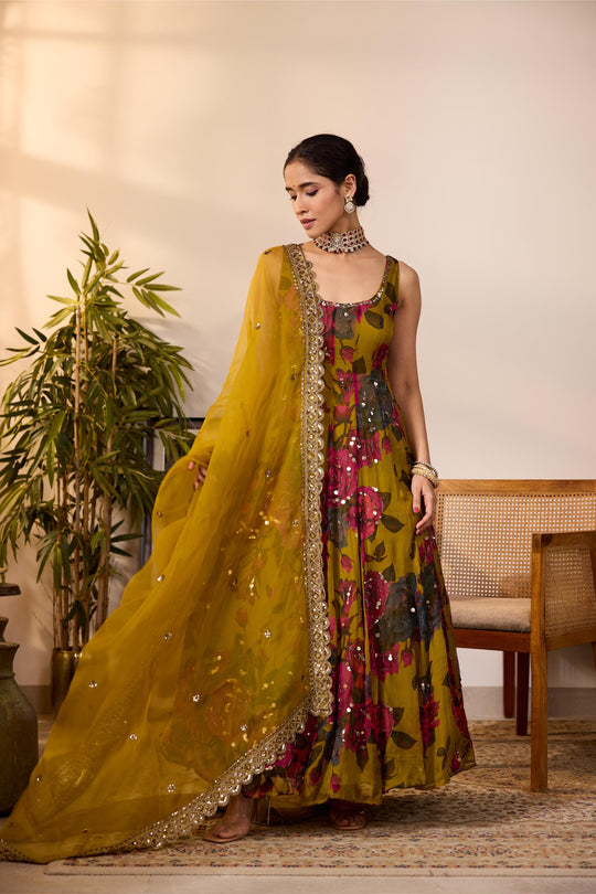 MUSTARD CHIFFON FLORAL  A-LINE ANARKALI