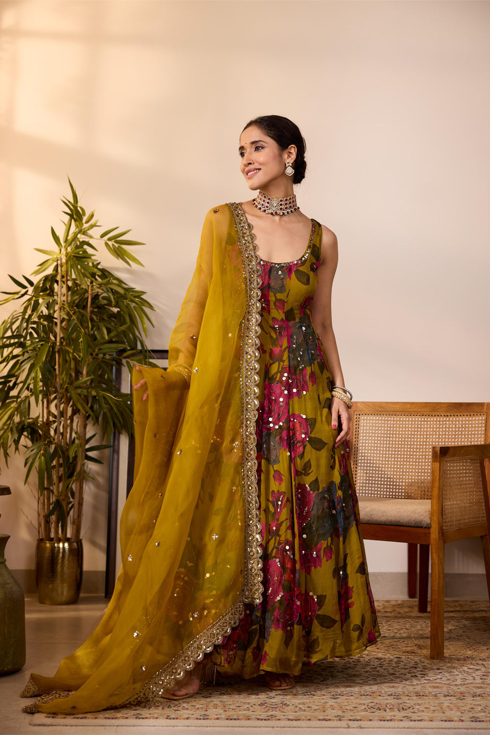 MUSTARD CHIFFON FLORAL  A-LINE ANARKALI