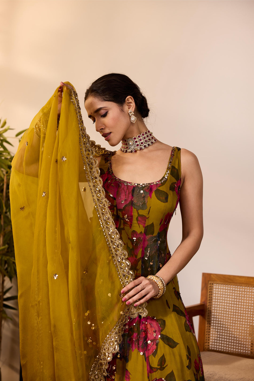 MUSTARD CHIFFON FLORAL  A-LINE ANARKALI