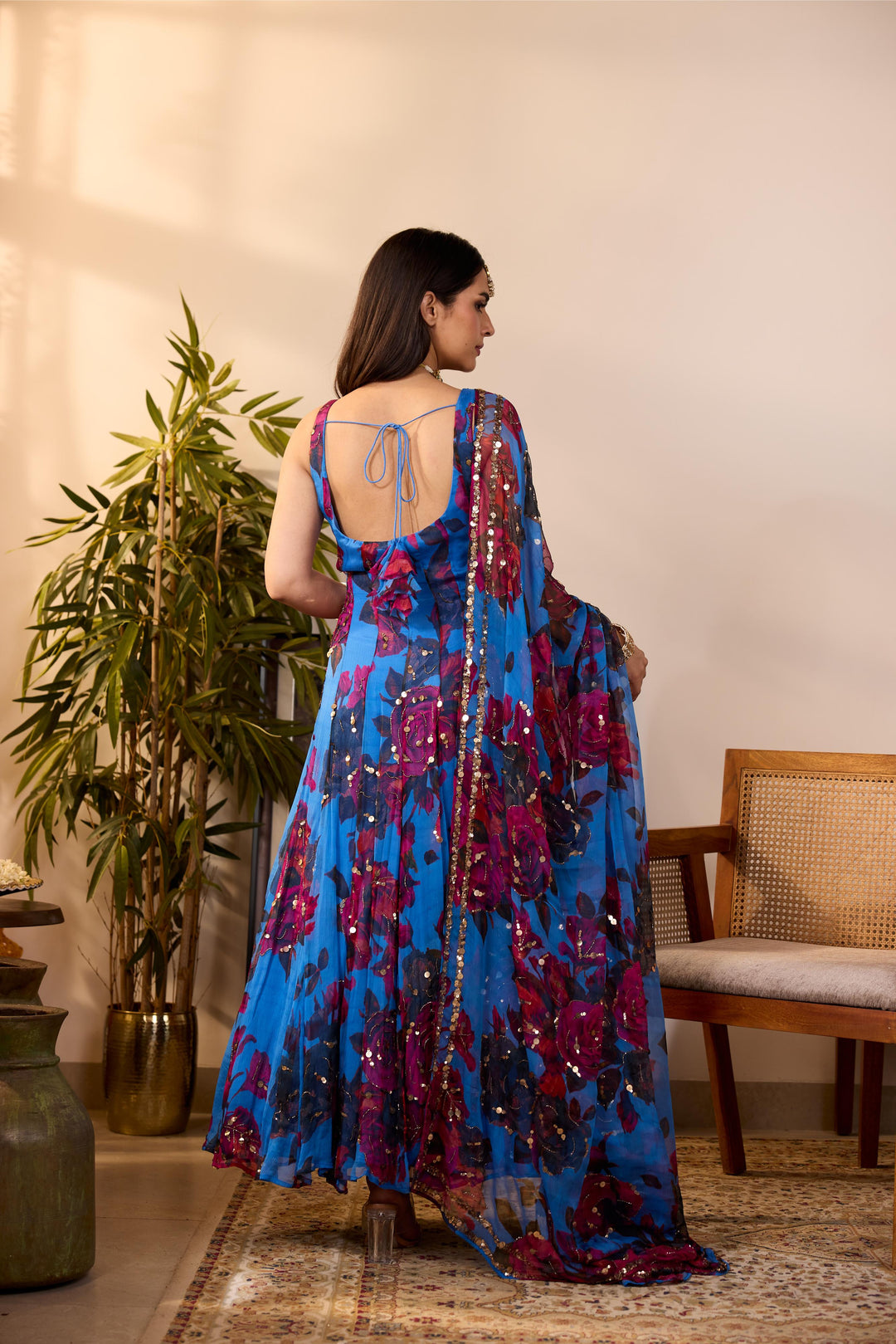 TURQUISE CHIFFON FLORAL  A-LINE ANARKALI