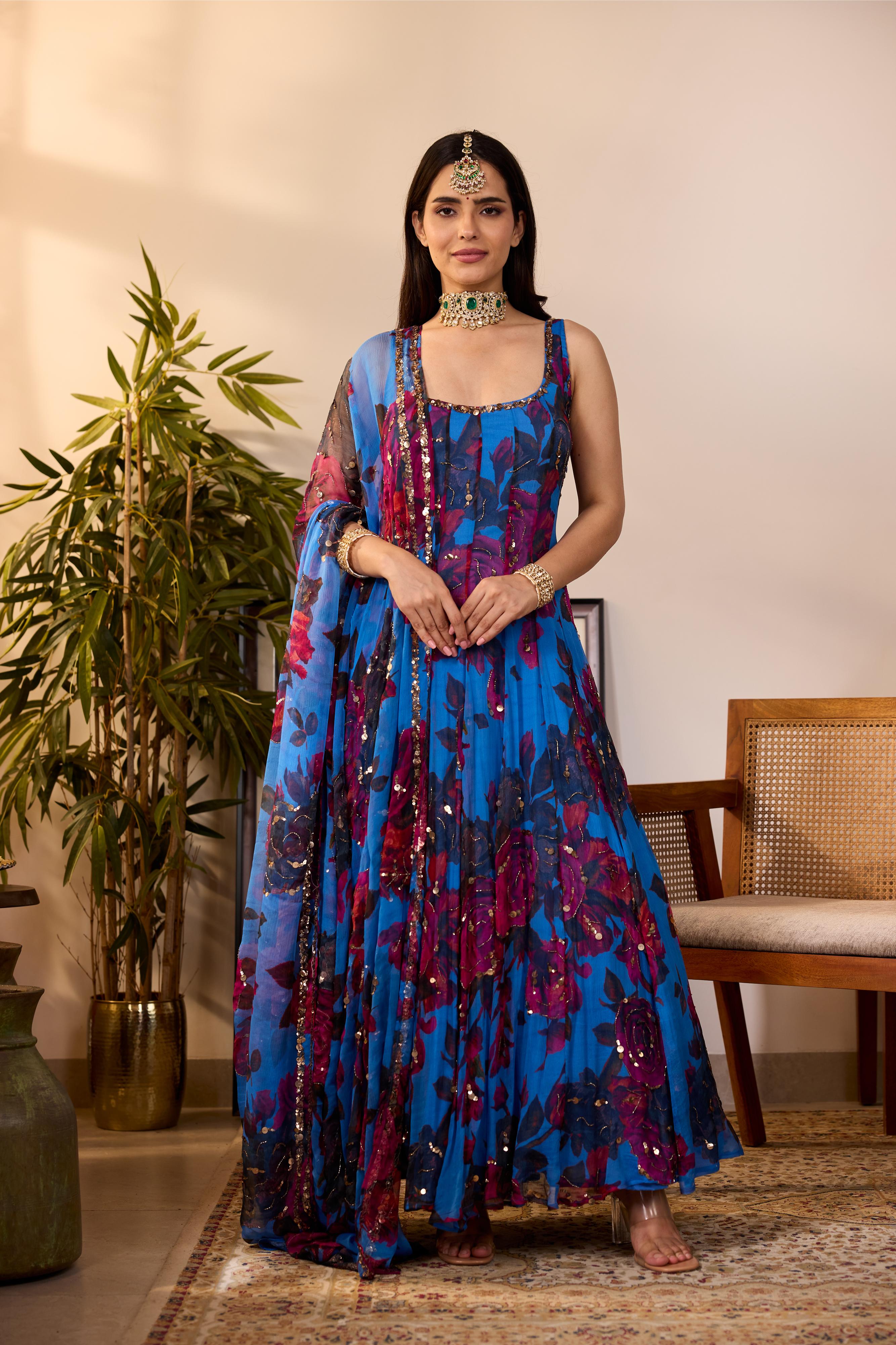 Shop TURQUISE CHIFFON FLORAL A-LINE ANARKALI Online 2025 – Astha