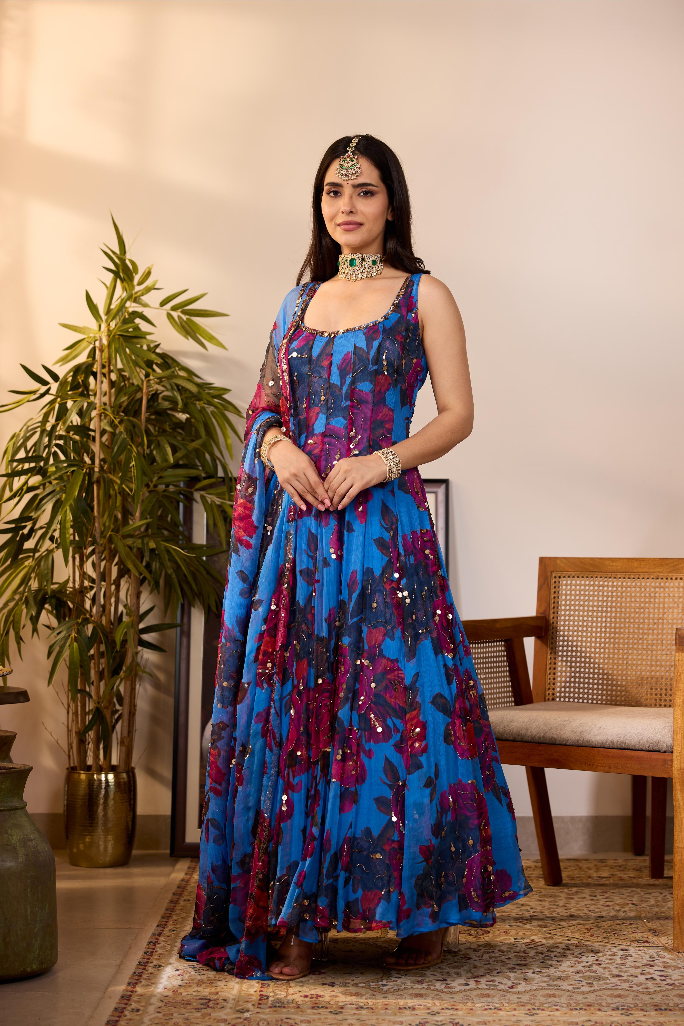 Shop TURQUISE CHIFFON FLORAL A-LINE ANARKALI Online 2025 – Astha