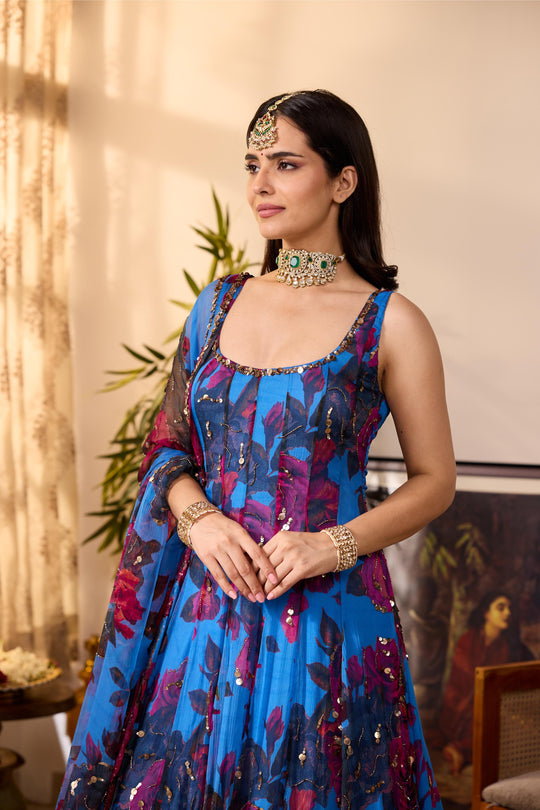 TURQUISE CHIFFON FLORAL  A-LINE ANARKALI