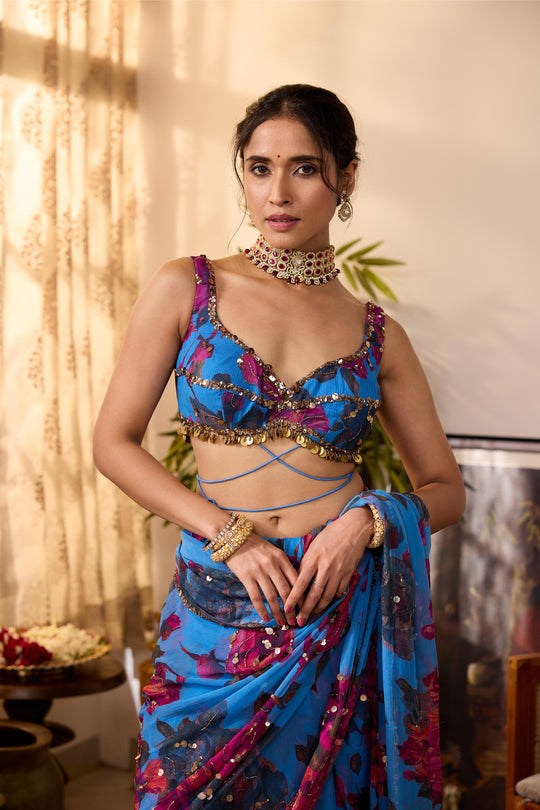 TURQUISE CHIFFON FLORAL  SAREE