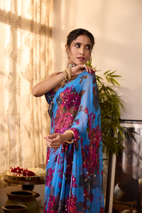 TURQUISE CHIFFON FLORAL  SAREE