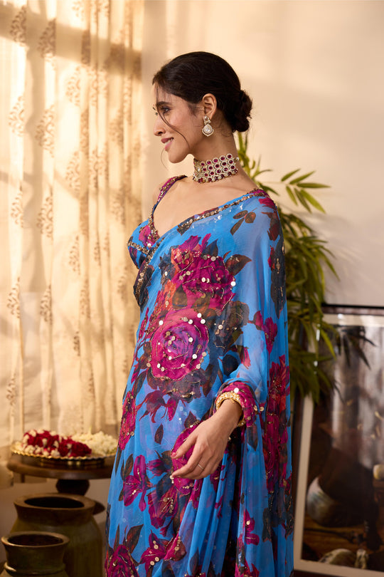 TURQUISE CHIFFON FLORAL  SAREE