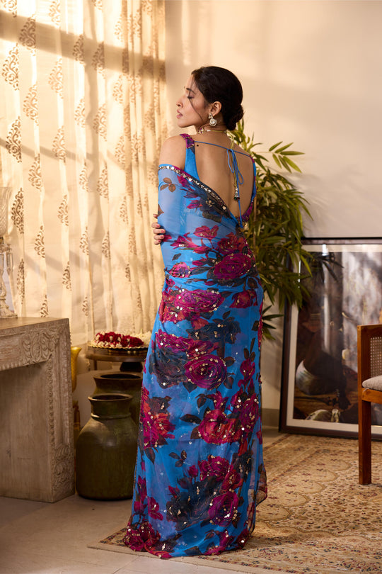 TURQUISE CHIFFON FLORAL  SAREE