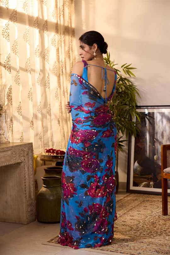 TURQUISE CHIFFON FLORAL  SAREE