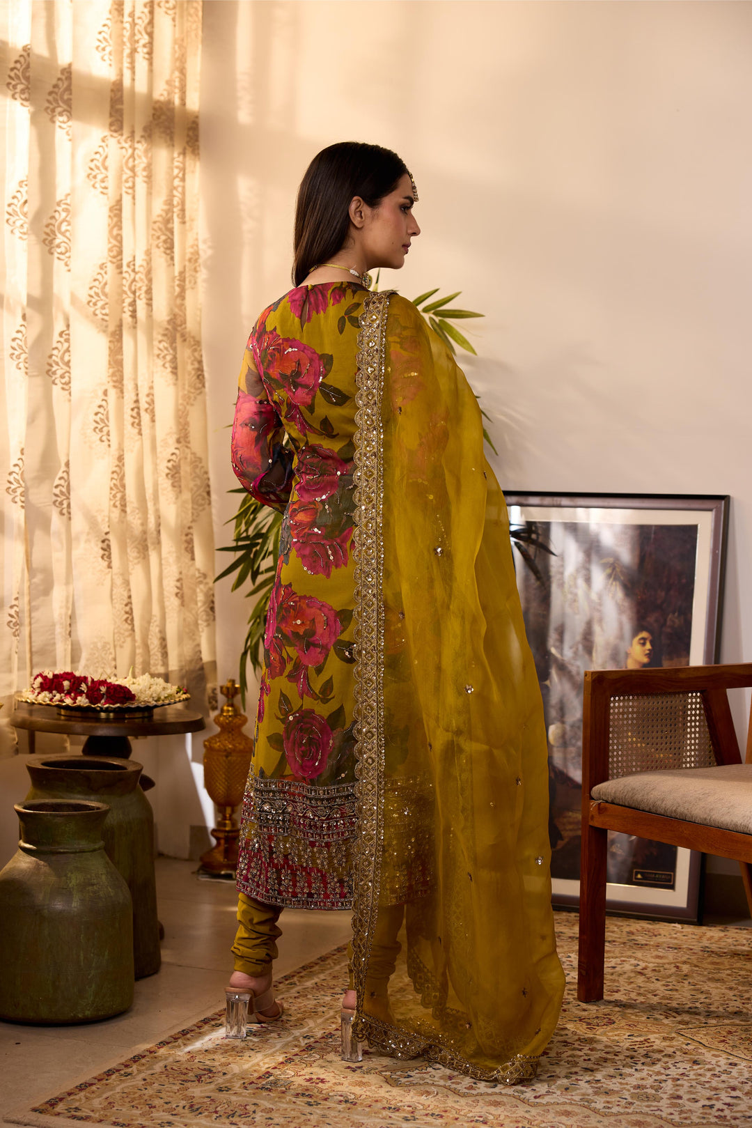 MUSTARD CHIFFON FLORAL  KURTI