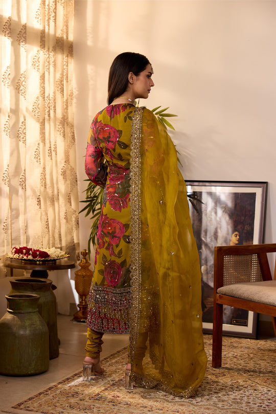 MUSTARD CHIFFON FLORAL  KURTI