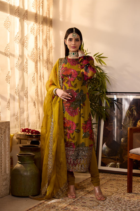 MUSTARD CHIFFON FLORAL  KURTI