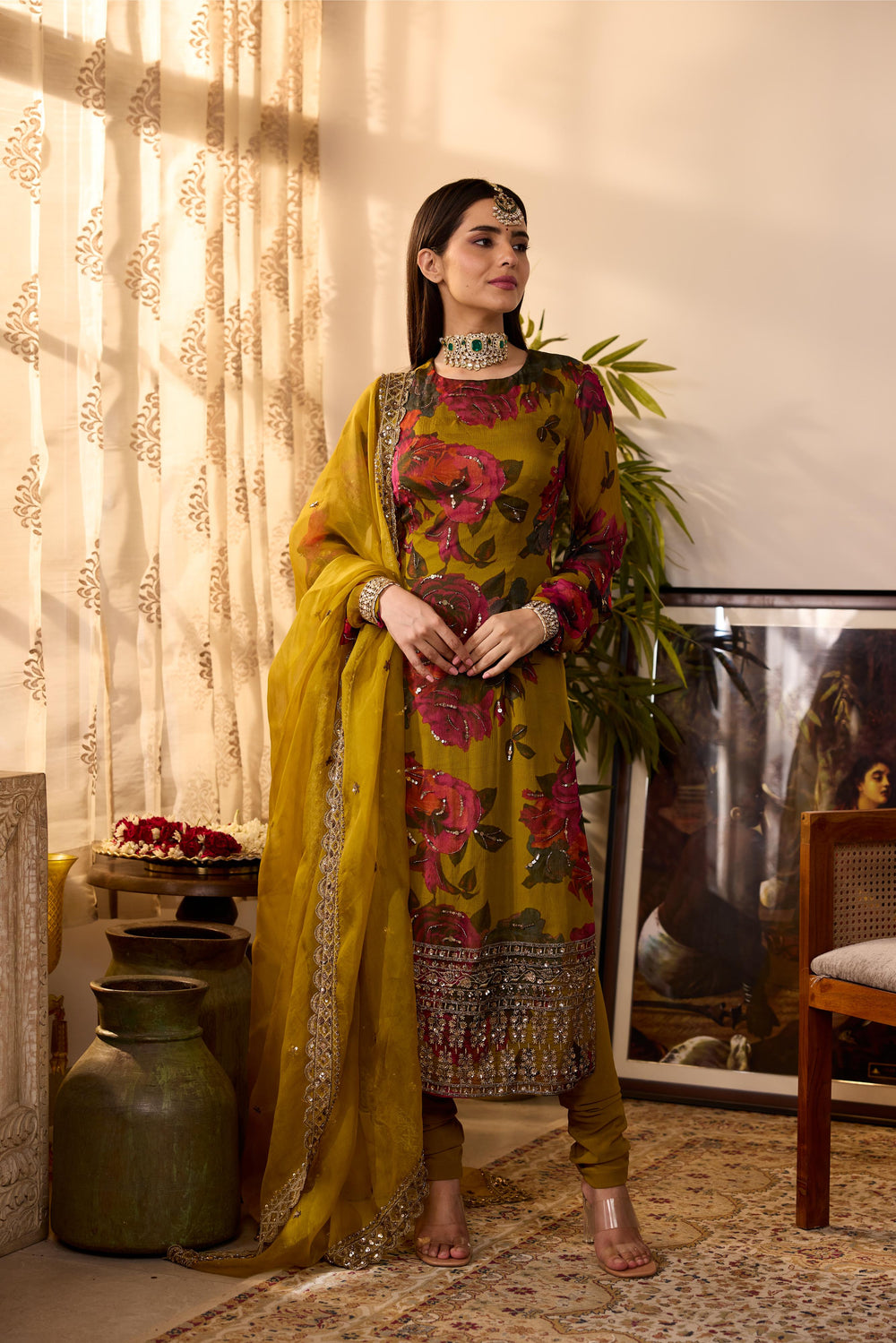MUSTARD CHIFFON FLORAL  KURTI