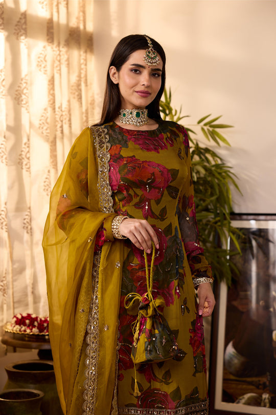 MUSTARD CHIFFON FLORAL  KURTI