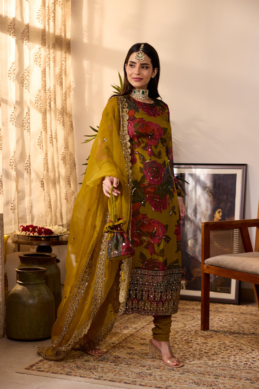 MUSTARD CHIFFON FLORAL  KURTI