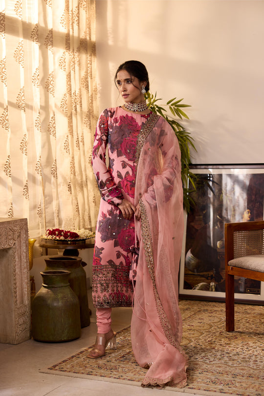 PEACH PINK CHIFFON FLORAL KURTI