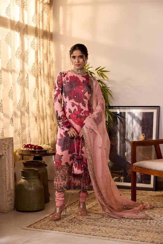 PEACH PINK CHIFFON FLORAL KURTI