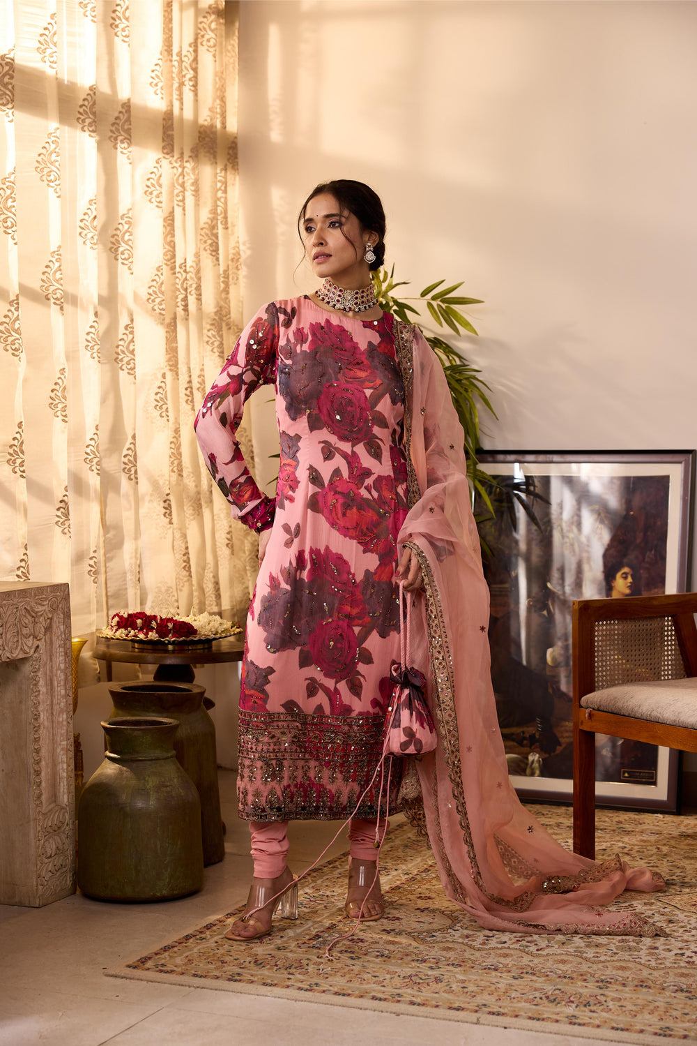 PEACH PINK CHIFFON FLORAL KURTI