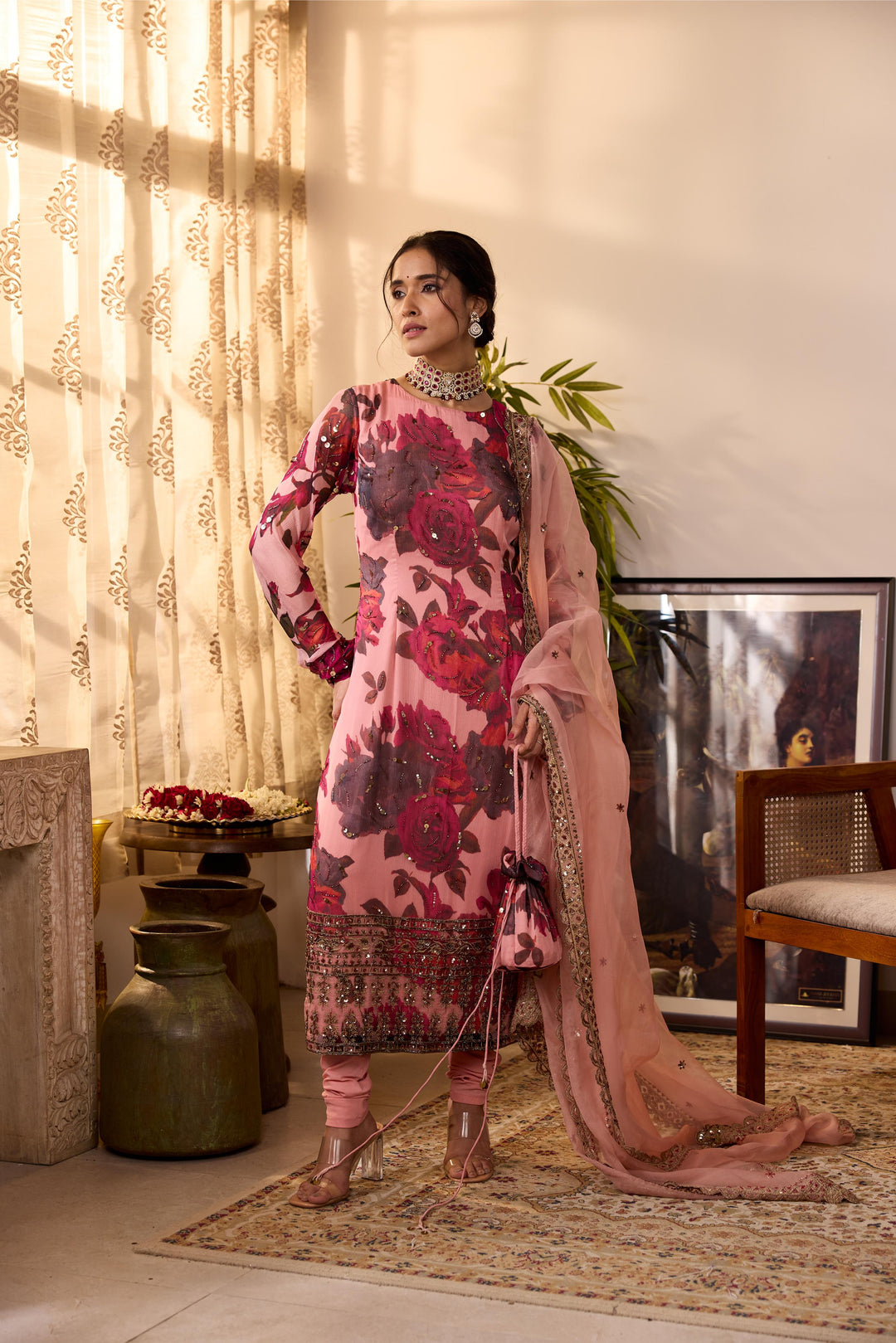 PEACH PINK CHIFFON FLORAL KURTI