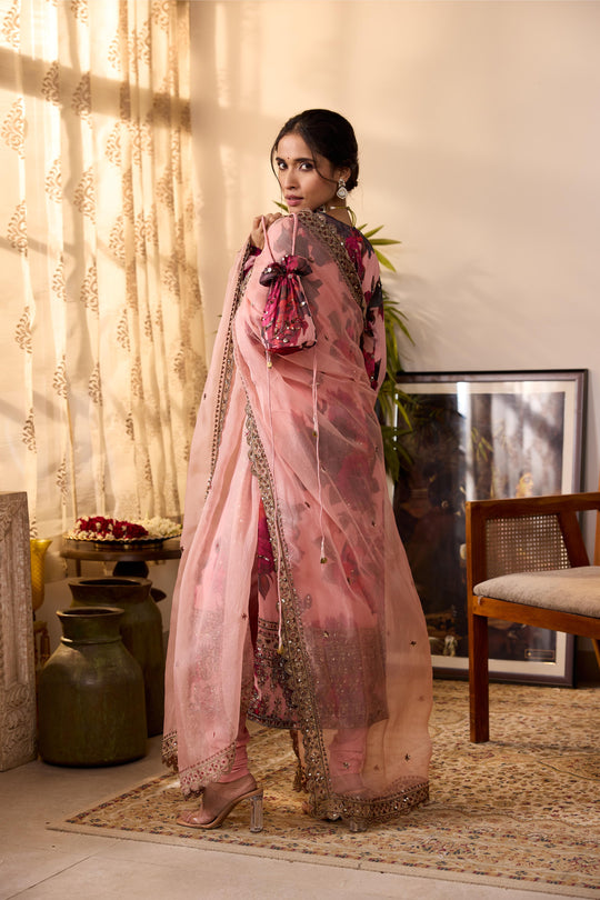 PEACH PINK CHIFFON FLORAL KURTI