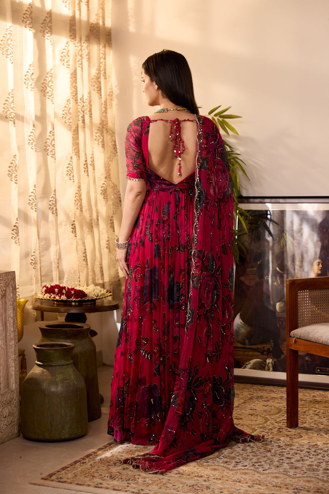 CARAMINE PINK CHIFFON FLORAL ANARKALI