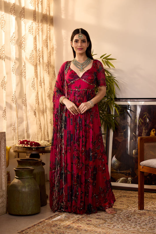 CARAMINE PINK CHIFFON FLORAL ANARKALI