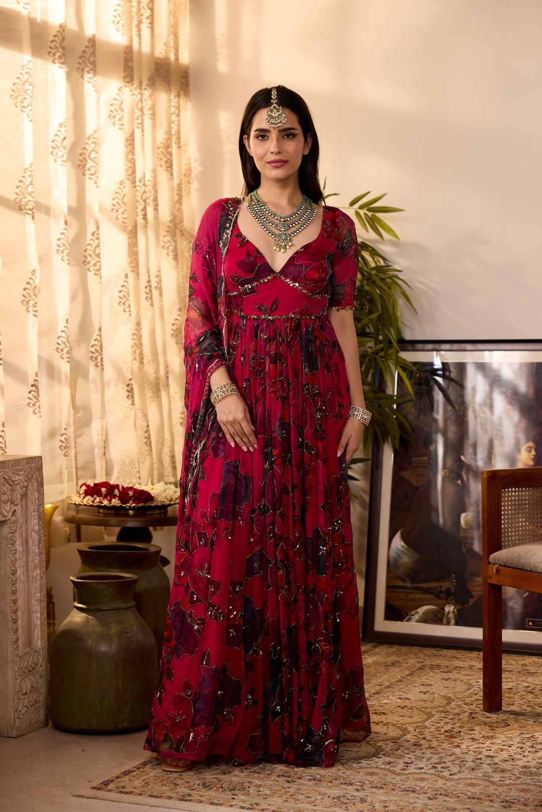 CARAMINE PINK CHIFFON FLORAL ANARKALI