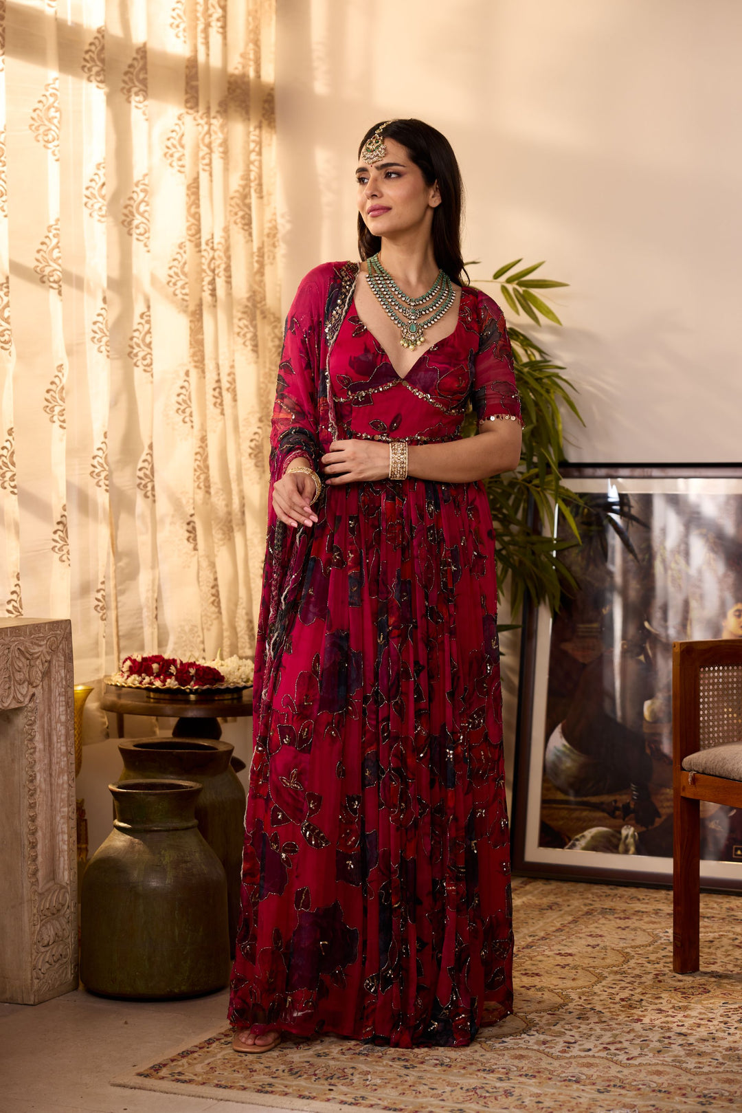 CARAMINE PINK CHIFFON FLORAL ANARKALI