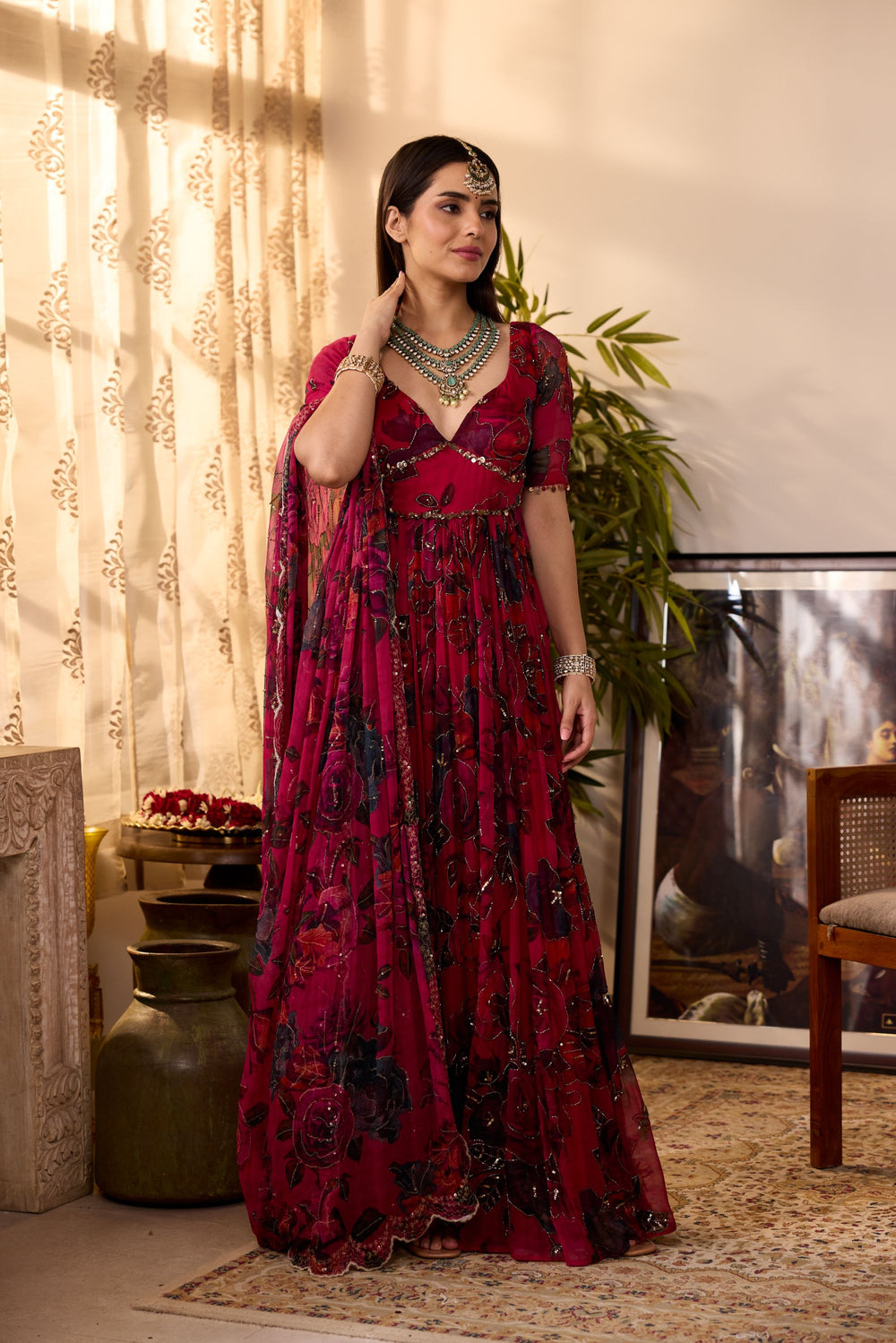 CARAMINE PINK CHIFFON FLORAL ANARKALI