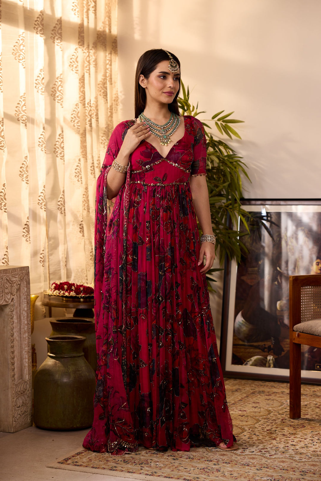 CARAMINE PINK CHIFFON FLORAL ANARKALI