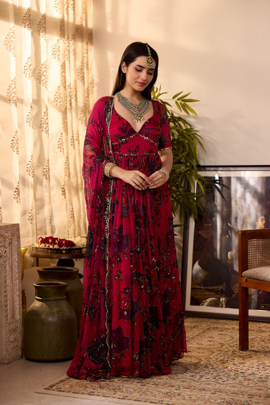 CARAMINE PINK CHIFFON FLORAL ANARKALI