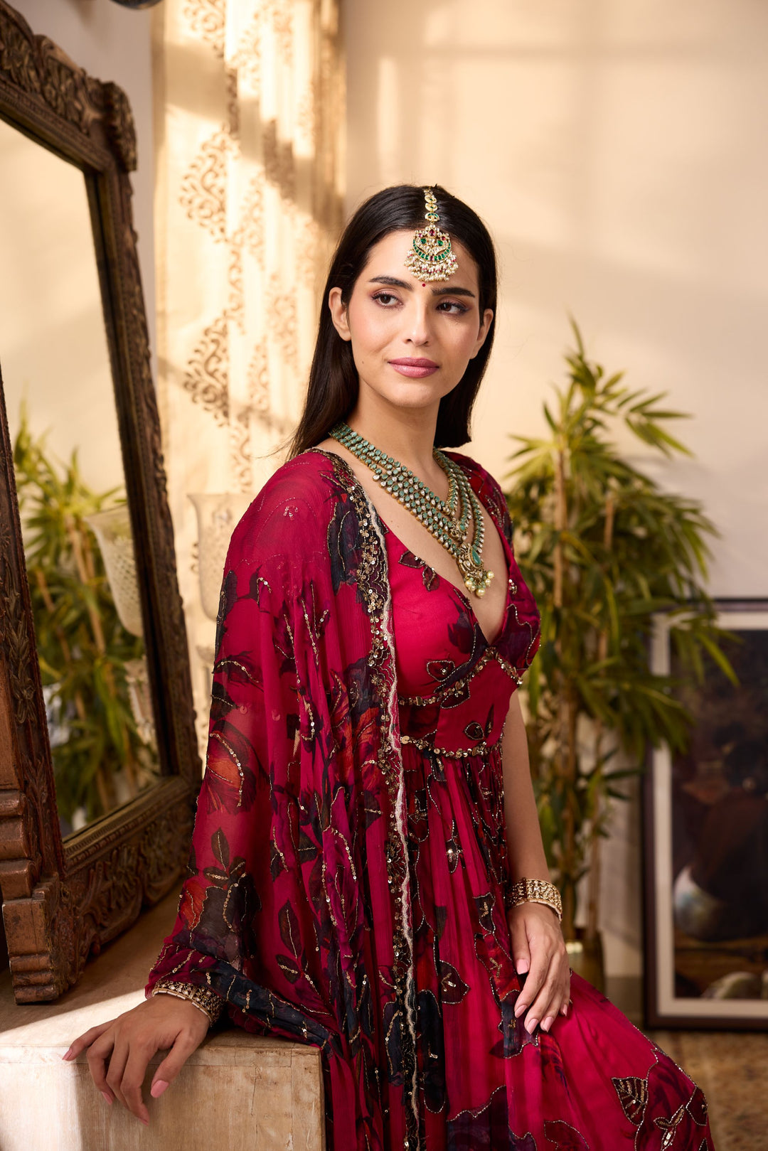 CARAMINE PINK CHIFFON FLORAL ANARKALI