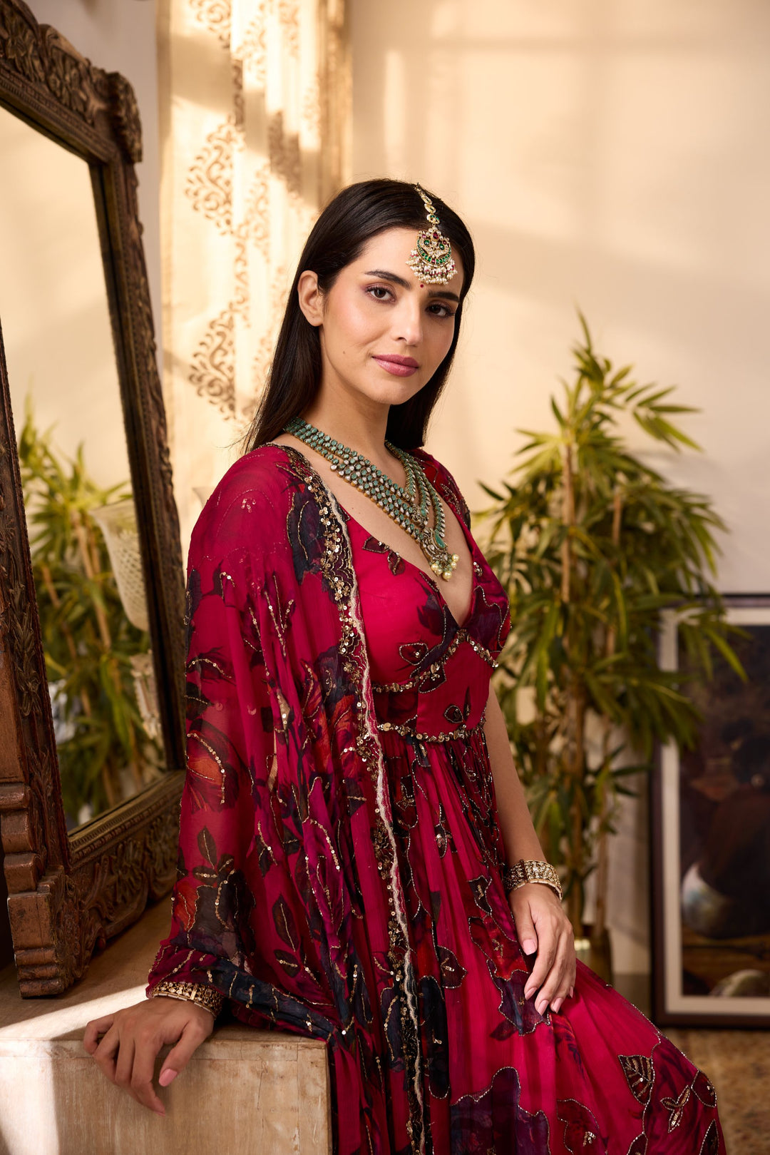 CARAMINE PINK CHIFFON FLORAL ANARKALI