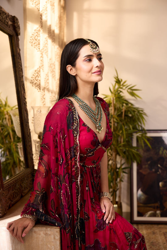 CARAMINE PINK CHIFFON FLORAL ANARKALI