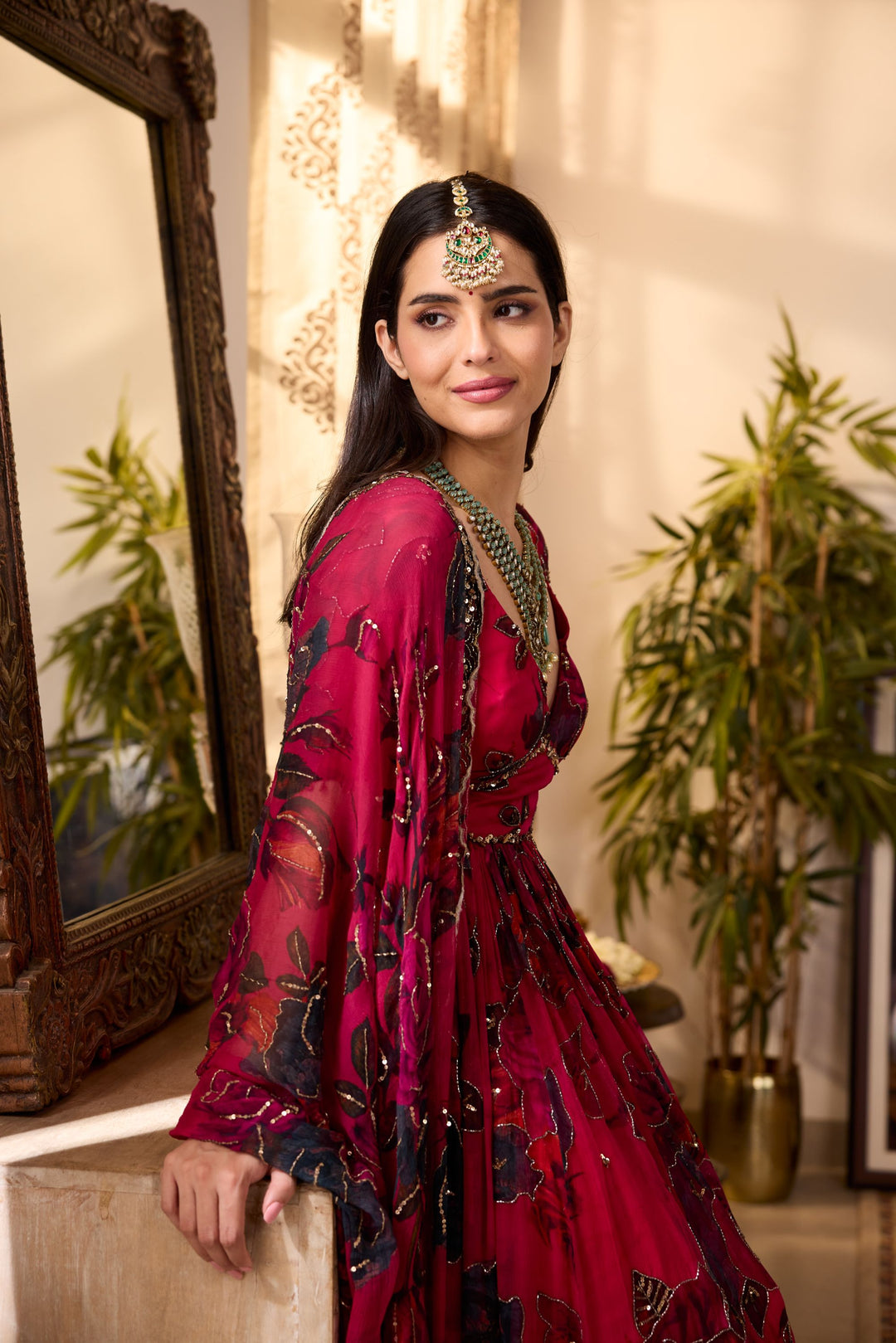 CARAMINE PINK CHIFFON FLORAL ANARKALI