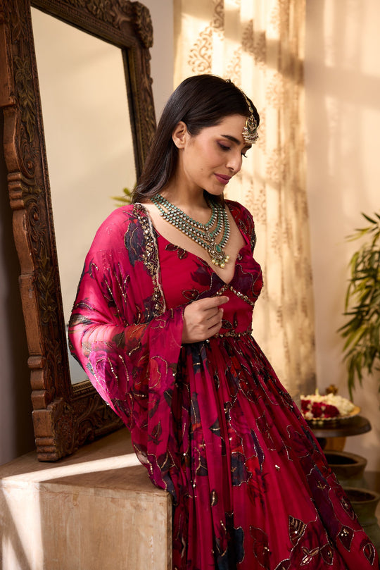 CARAMINE PINK CHIFFON FLORAL ANARKALI