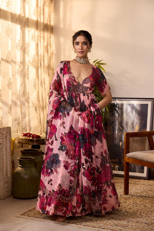 PEACH PINK CHIFFON FLORAL ANARKALI