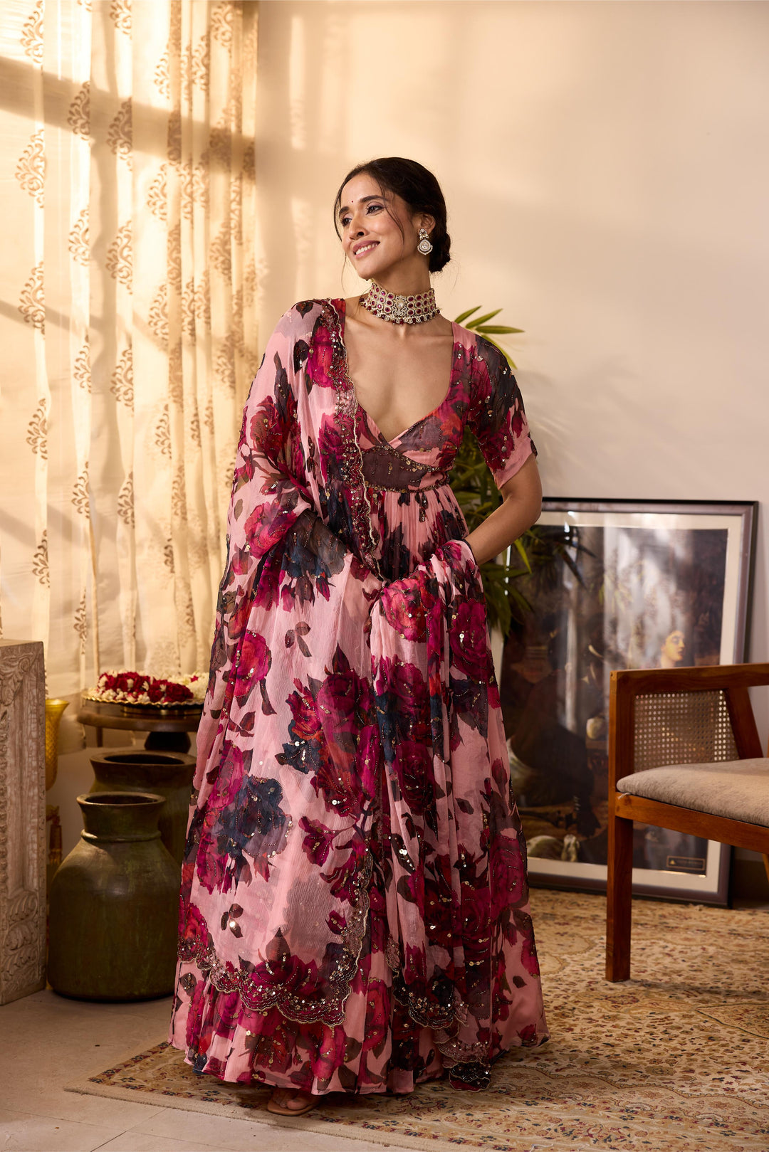 PEACH PINK CHIFFON FLORAL ANARKALI