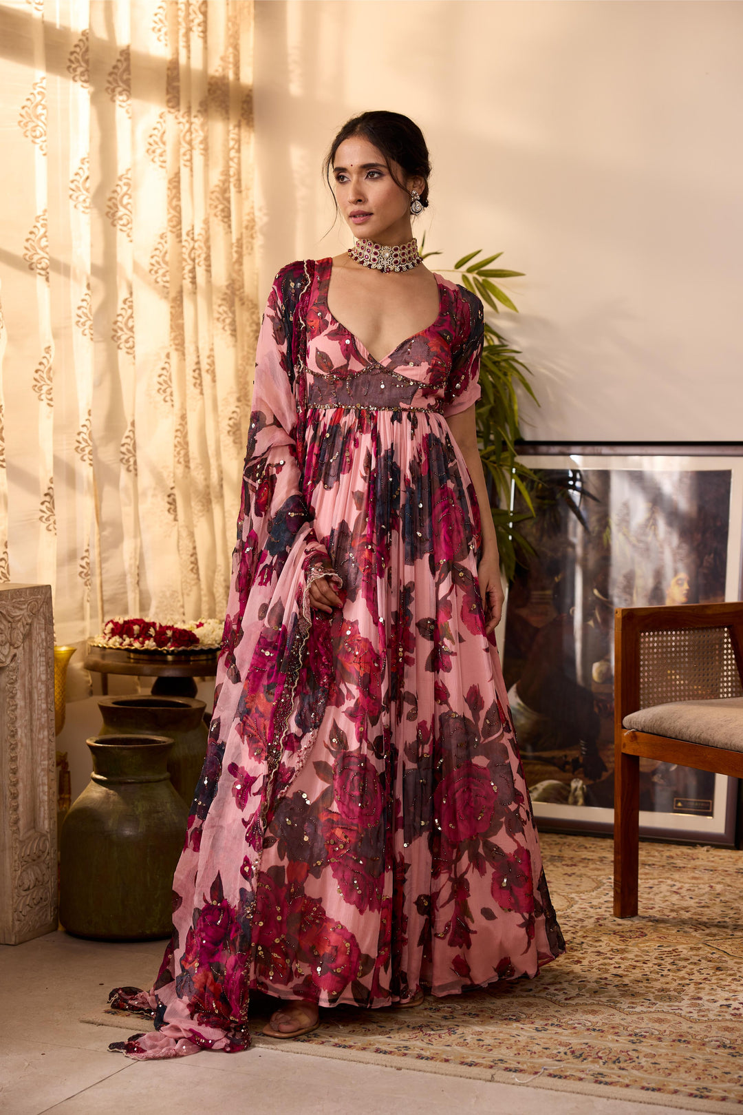 Shop PEACH PINK CHIFFON FLORAL ANARKALI Online 2025 XXL