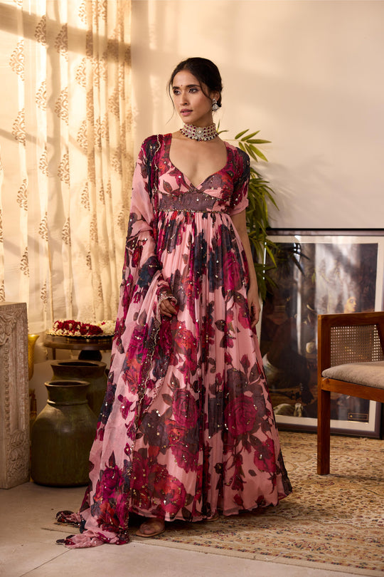 PEACH PINK CHIFFON FLORAL ANARKALI