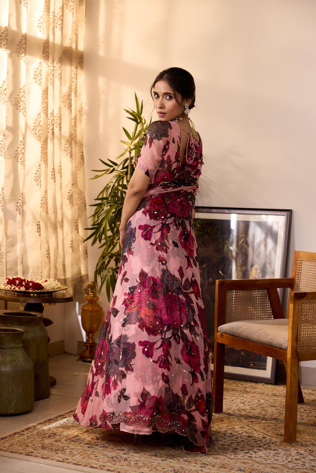 PEACH PINK CHIFFON FLORAL ANARKALI