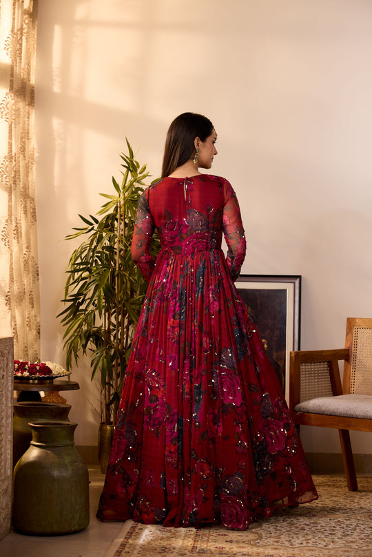 DEEP RED CHIFFON FLORAL ANARKALI