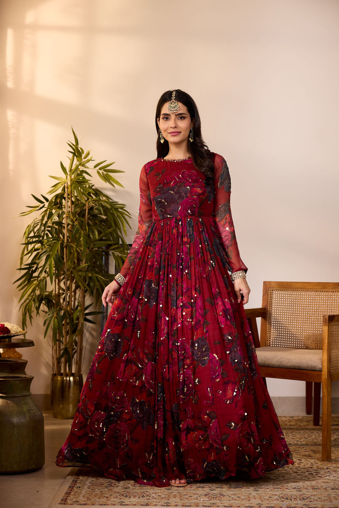 DEEP RED CHIFFON FLORAL ANARKALI