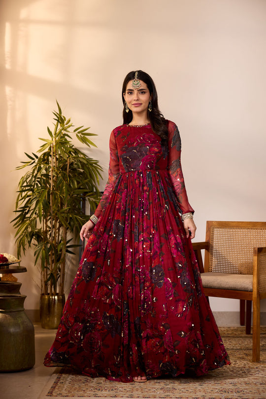 DEEP RED CHIFFON FLORAL ANARKALI