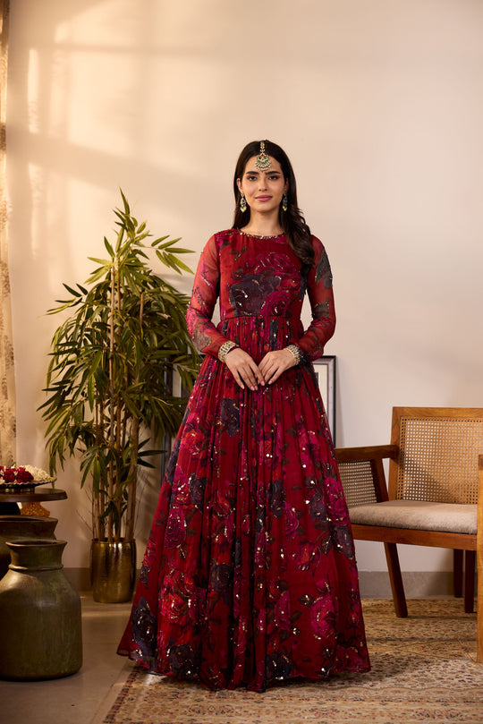 DEEP RED CHIFFON FLORAL ANARKALI