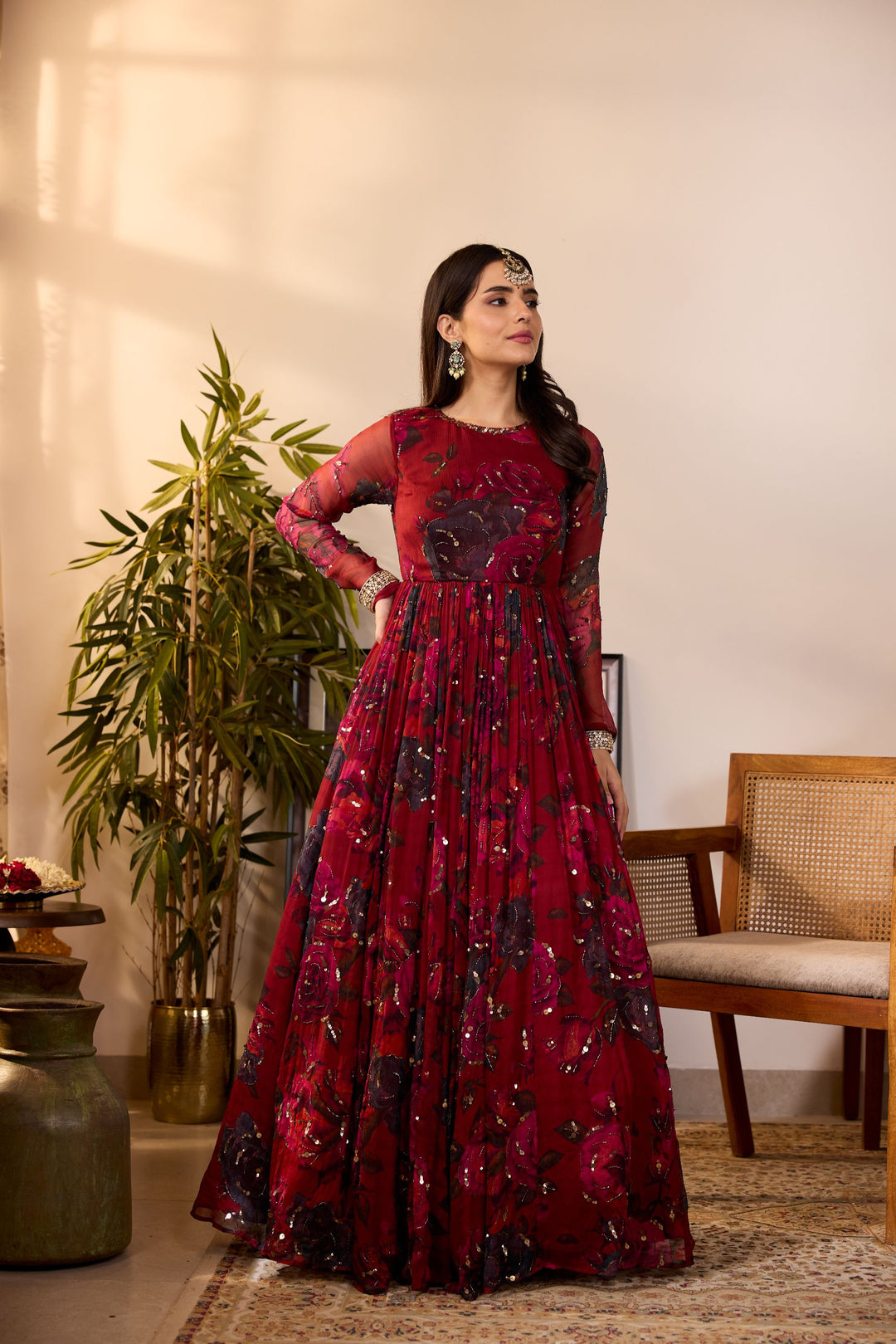 DEEP RED CHIFFON FLORAL ANARKALI