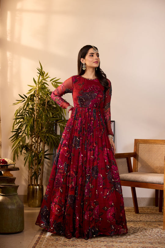 DEEP RED CHIFFON FLORAL ANARKALI