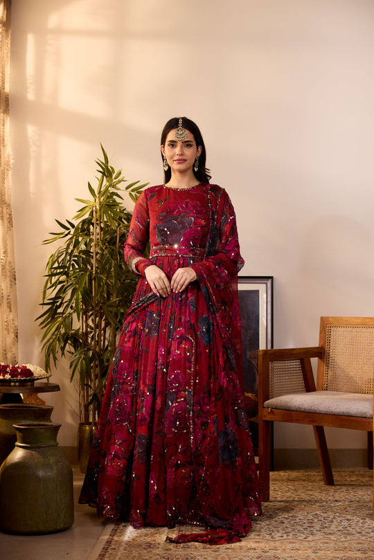 DEEP RED CHIFFON FLORAL ANARKALI