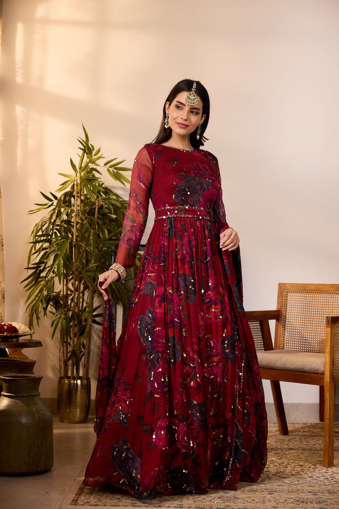 DEEP RED CHIFFON FLORAL ANARKALI