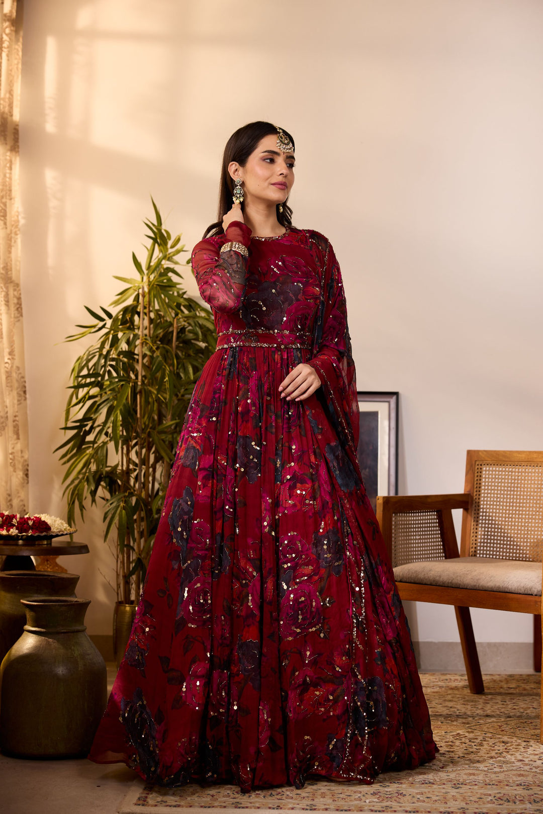 DEEP RED CHIFFON FLORAL ANARKALI