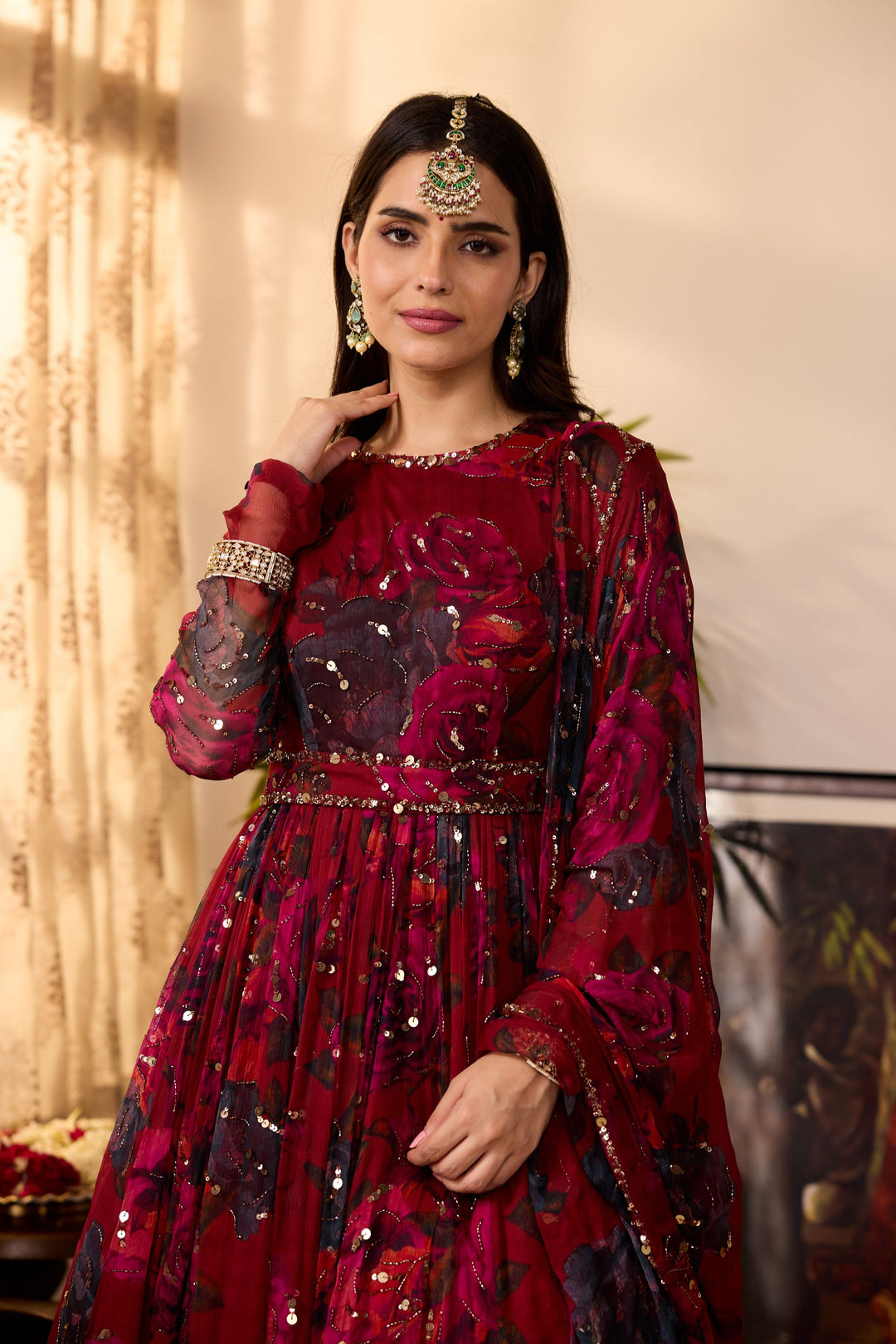 DEEP RED CHIFFON FLORAL ANARKALI
